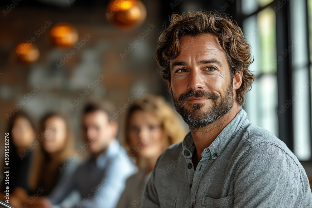 Obraz premium A confident man smiles during a meeting, showcasing teamwork and collaboration in a modern workplace setting.
