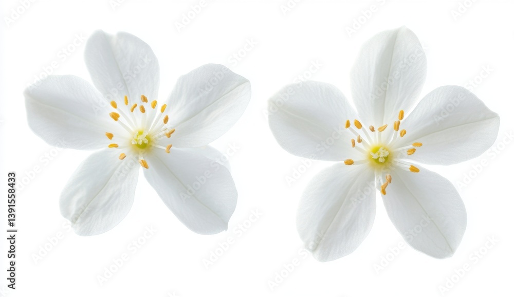 Obraz premium Two delicate white flowers, isolated on white background. Close-up view, showcasing the intricate petals and stamens. Perfect for floral design, botanical illustration, or nature photography