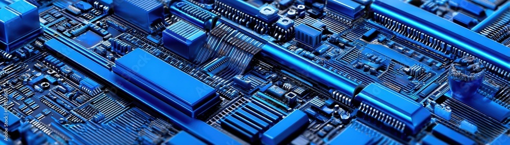 Microscopic view of interconnected circuits and microchips, rendered in deep blue hues - analog traces electric blue Microscopic view of interconnected circuits and microchips, rendered in deep blue hues - analog traces electric blue