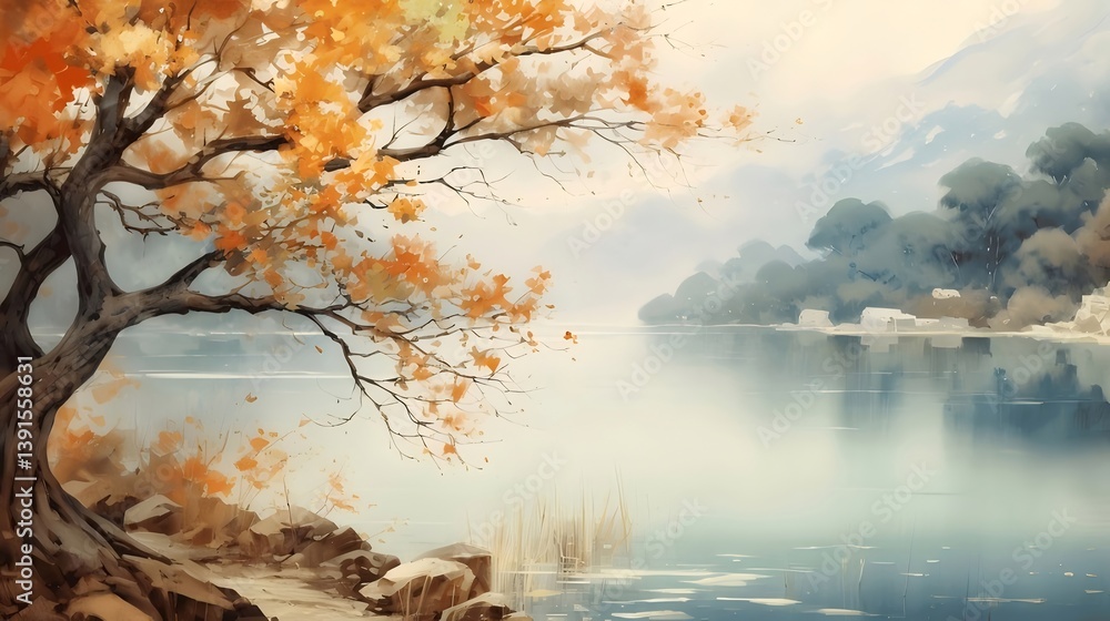 Autumnal Lake Landscape with Foliage Trees Reflection and Watercolor Painting Style in a Misty Background Autumnal Lake Landscape with Foliage Trees Reflection and Watercolor Painting Style in a Misty Background