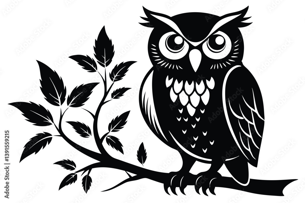 Fototapeta premium Minimalist Owl Silhouette on Branch, Black and White Art Style Design