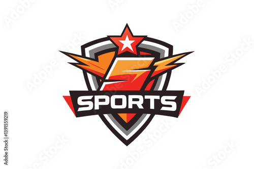 Stylized Sports Logo Shield, Star, Lightning Bolt, Bold Typography, Red, Orange, Gray