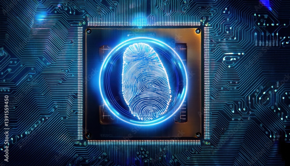 Naklejka premium Glowing digital footprint icon displayed on a dark circuit board surrounded by encrypted binary trails