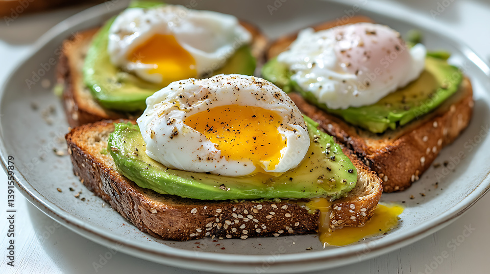 Three Slices of Avocado Toast Topped with Poached Eggs Three Slices of Avocado Toast Topped with Poached Eggs