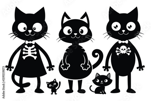 Black Cat Cartoon Character Silhouette Icons Featuring Skeleton & Skull Motifs