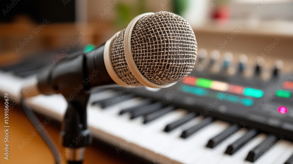 Microphone in front of a keyboard, ready for music creation.