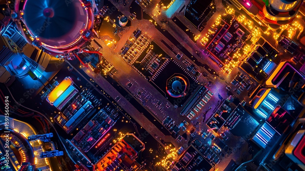 An intricate circuit board illuminated with vibrant lights. This tech marvel showcases the fusion of technology and creativity. Explore the wonders of modern electronics. Generative AI