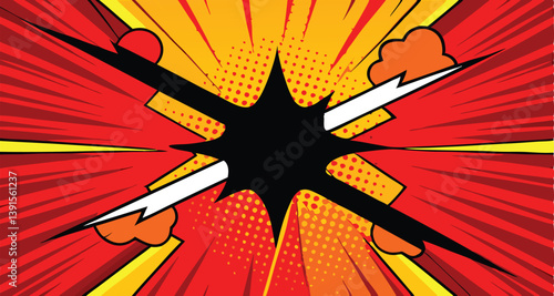 Comic Book Explosion Dynamic Action, Retro Pop Art, Powerful Impact, Red Yellow Blast