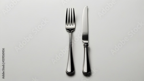 A silver fork and knife crossed on a pure white background, high-resolution, studio lighting