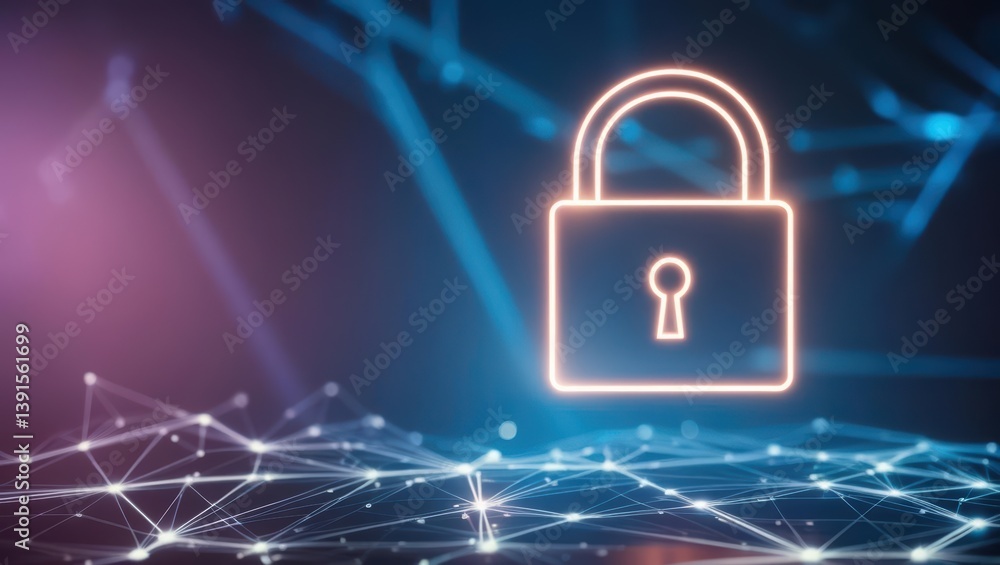 Glowing abstract digital padlock icon hovering above intricate network of light lines in dark background Glowing abstract digital padlock icon hovering above intricate network of light lines in dark background