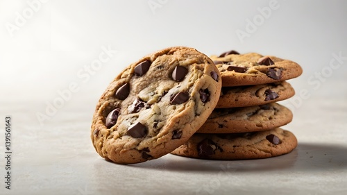 A stack of chocolate chip cookies, isolated on white, soft shadows, commercial food photo