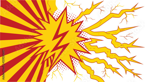 Comic Book Explosion, Yellow Red Sunburst, Lightning Bolts, Power