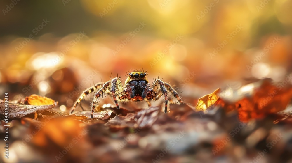 Obraz premium A small spider is posed amongst some fallen autumn leaves