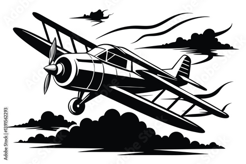 Biplane in Black and White Silhouette, Vintage Aircraft Flying in Cloudy Sky