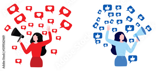 Woman  Blogger surrounded with social media heart and  likes icons. Concept of influencer marketing  social media promotion services. Flat vector illustration.