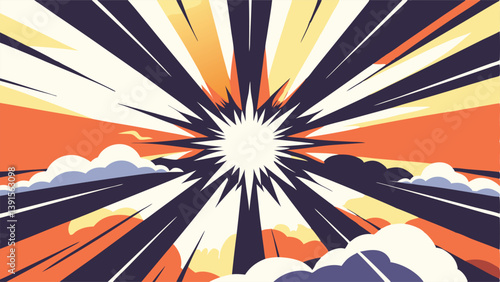 Dynamic Comic Book Explosion Radiating Speed Lines, Sunset Clouds