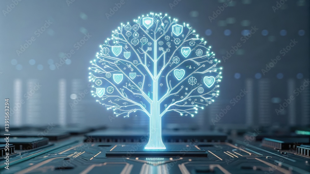 Obraz premium Holographic tree made of glowing data streams featuring many different symbols representing technology