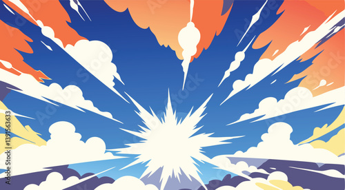 Vibrant Sky Explosion Sunset Clouds, Dynamic Burst, Bright Sun