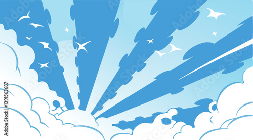 Stunning Blue Sky, Clouds, Birds, Sunlight, Rays, Peaceful, Serene, Calm, Nature, Artwork