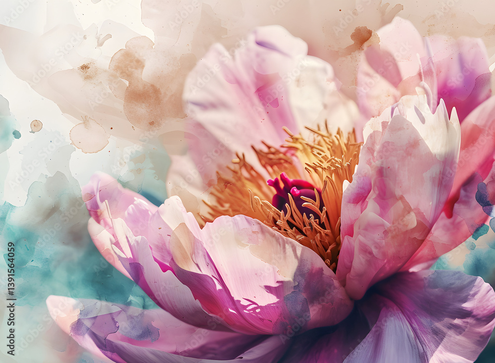 Botanical watercolor illustration. Bright peonies on soft abstract background, nature, elegant style, watercolor. Bouquet of pink peonies, watercolor wedding invitation card
