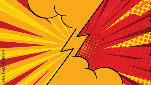 Comic Book Style Background Red and Yellow Explosion, Lightning Bolt