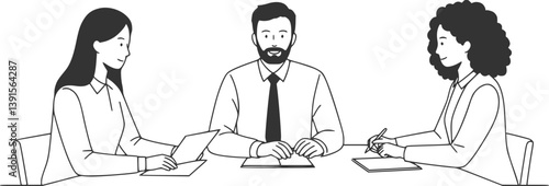 three business professionals sitting at a table, engaging in a discussion. Collaborative and communicative business setting concept. Line drawing illustration desing