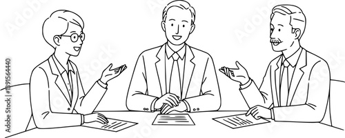 three business professionals sitting at a table, engaging in a discussion. Collaborative and communicative business setting concept. Line drawing illustration desing