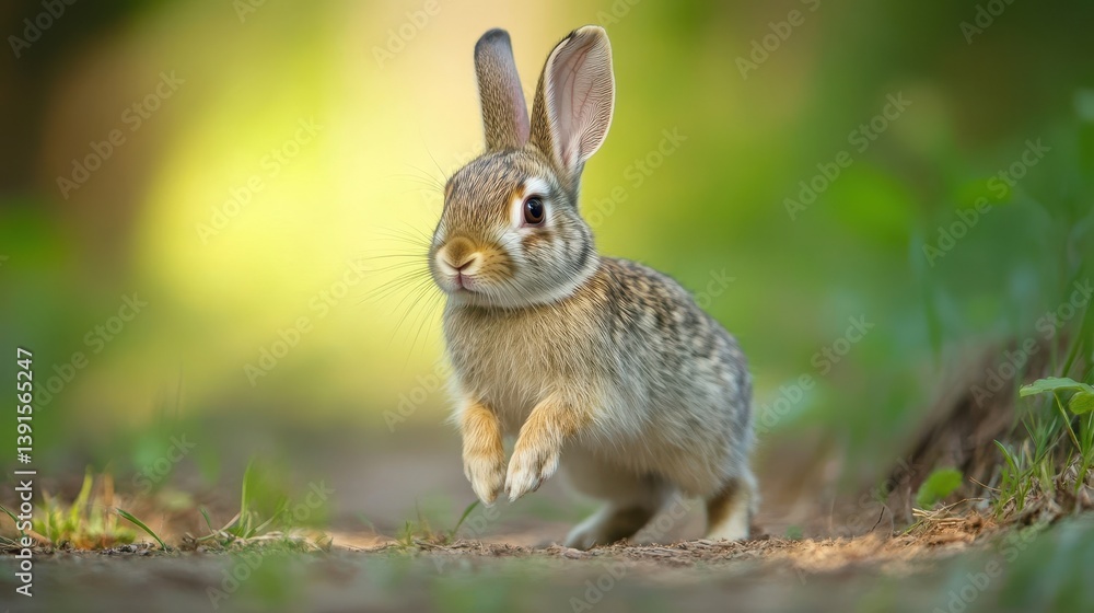 A small rabbit is depicted running near greenery and sunlight A small rabbit is depicted running near greenery and sunlight