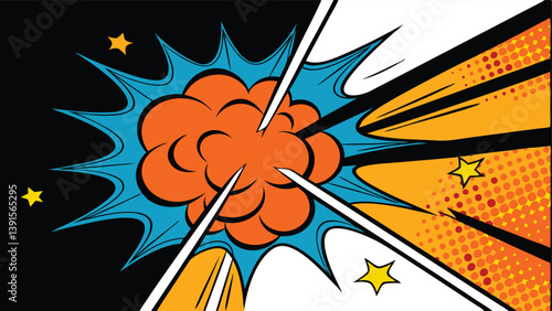 Comic Book Explosion Pop Art Style, Dynamic Burst, Orange Cloud, Blue Splashes, Star Effects, Retro 