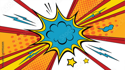 Colorful Comic Book Explosion Design with Stars and Lightning