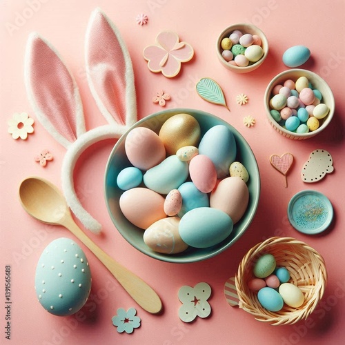 Easter Delights: A vibrant springtime still life, with an assortment of pastel-colored Easter eggs and festive decorations, capturing the spirit of the holiday.