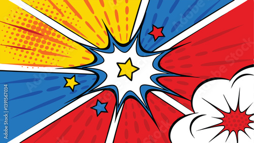 Dynamic Comic Book Explosion Pop Art Stars, Red, Blue, Yellow