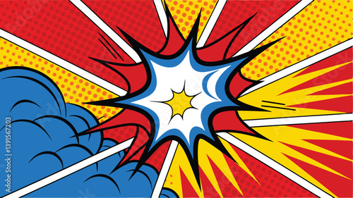 Comic Book Explosion Pop Art Style, Dynamic Action, Retro Colors, Bright Design, Bold Graphics, Powe
