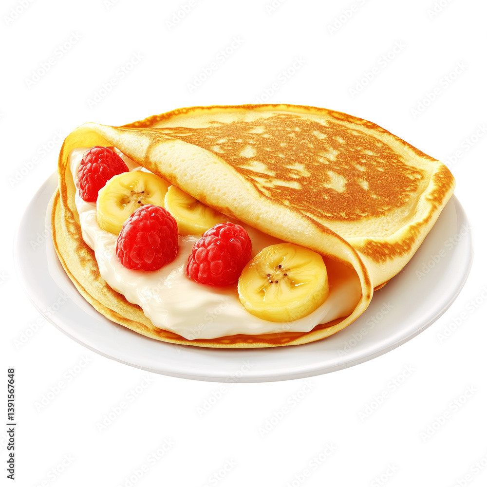 Delicious folded pancake filled with banana slices, raspberries, and cream, isolated on white transparent background, concept of breakfast Delicious folded pancake filled with banana slices, raspberries, and cream, isolated on white transparent background, concept of breakfast