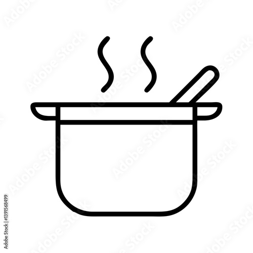 Stockpot cooking pot with steam and spoon vector icon for food preparation and kitchenware needs design
