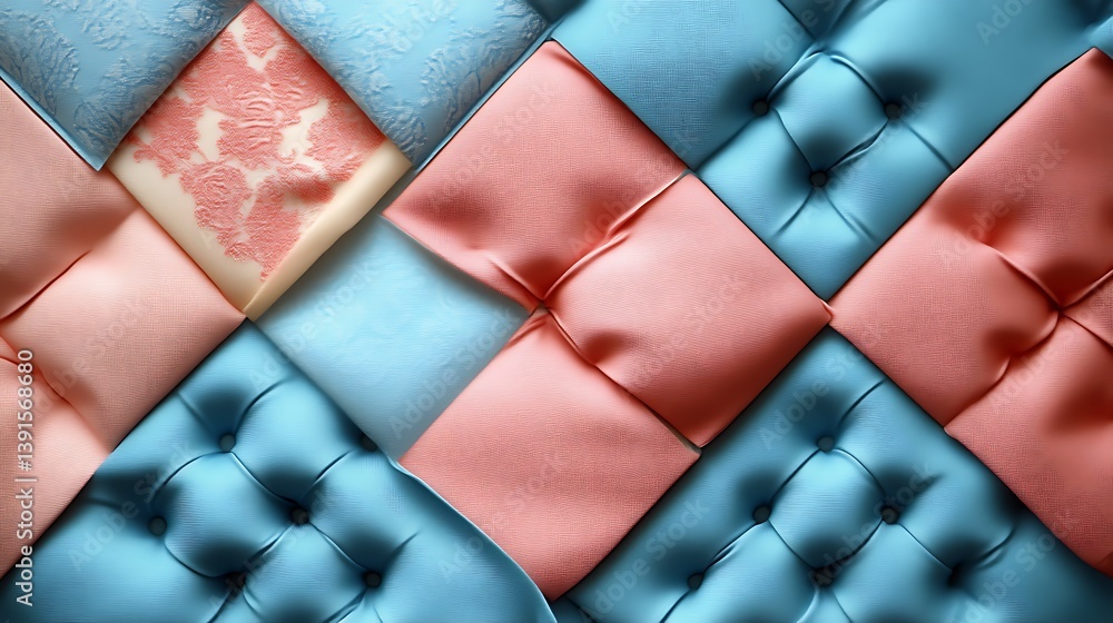 Naklejka premium Pastel pink and blue tufted fabric wall.
