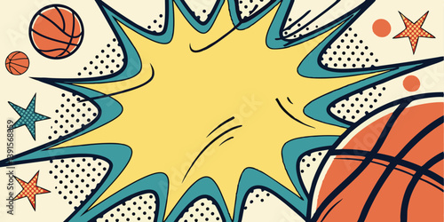 Retro Pop Art Basketball Design Stars, Balls, and Dynamic Explosion