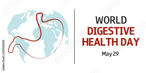 World Digestive Health day conceptual  background, poster, banner. May 29. Vector illustration of stomach, world map silhouette and text.