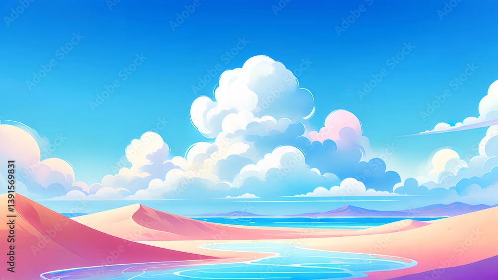 Pixel Art Landscape Featuring a Tranquil Beach Under Pastel Sky with Fluffy Clouds and Calm Turquoise Water Pixel Art Landscape Featuring a Tranquil Beach Under Pastel Sky with Fluffy Clouds and Calm Turquoise Water