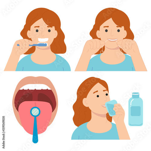 Girl with red hair, performing daily oral hygiene, brushing teeth, using dental floss, examining tongue and rinsing mouth, health, self-care, vector illustration