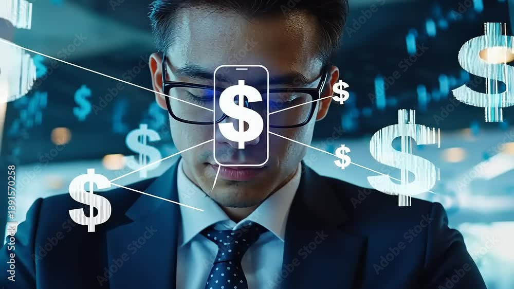 Businessman using smartphone with dollar signs in a digital financial background