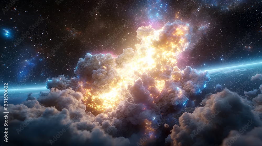 Obraz premium Fiery cloud explosion above earth