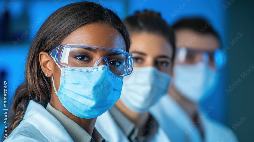group of healthcare professionals wearing protective masks and goggles, showcasing their commitment to safety and health. Their focused expressions reflect dedication to their work clinical group of healthcare professionals wearing protective masks and goggles, showcasing their commitment to safety and health. Their focused expressions reflect dedication to their work clinical