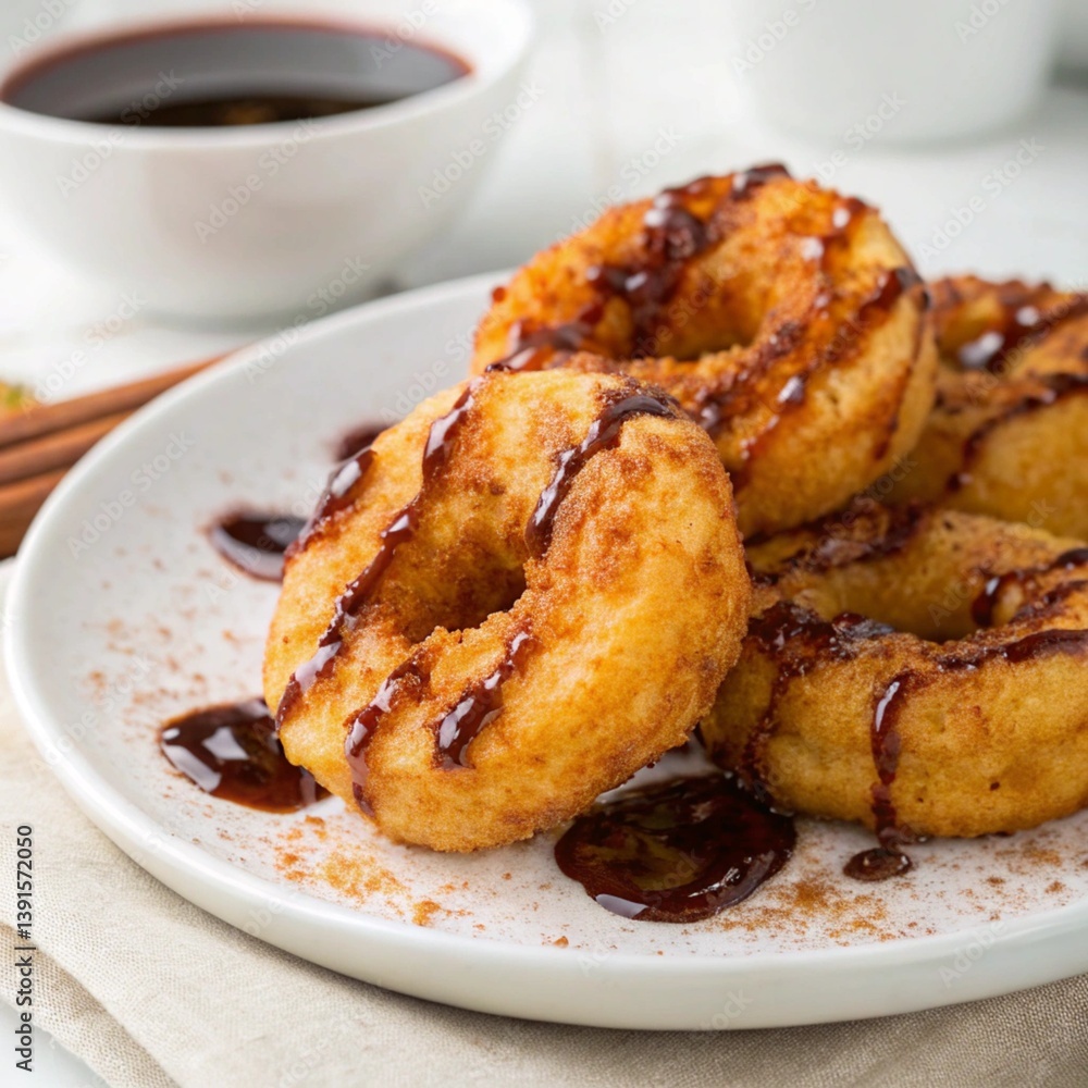 Traditional Peruvian Picarones Drizzled with Syrup on a Plate
Traditional Peruvian Picarones Drizzled with Syrup on a Plate