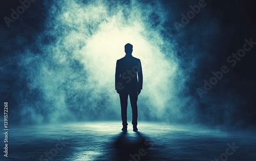 Silhouette of Man in Suit Standing in Misty Dark Environment