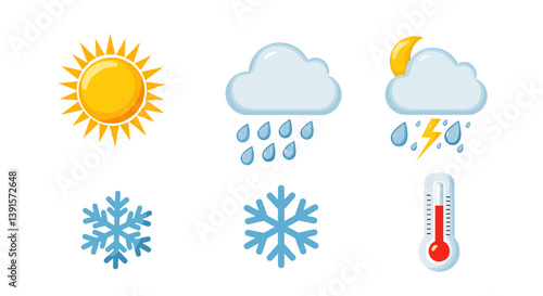Weather icon set showing sun, clouds, rain and thermometer