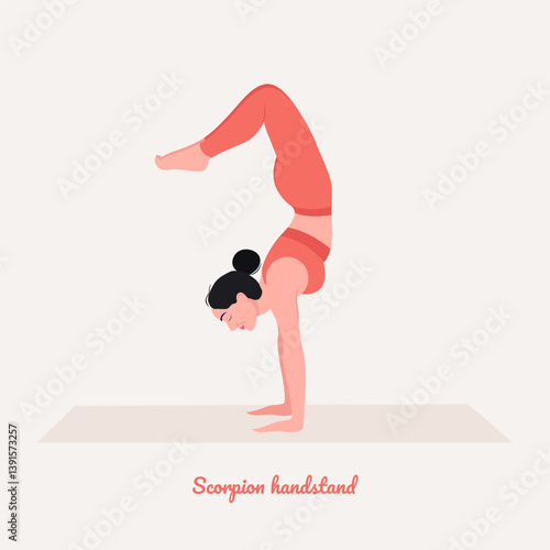 Scorpion handstand pose. Young woman practicing Yoga pose. Woman workout fitness, aerobic and exercise