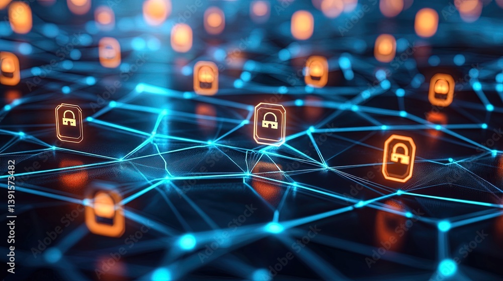 Futuristic Digital Security Network with Glowing Locks and Connections Futuristic Digital Security Network with Glowing Locks and Connections