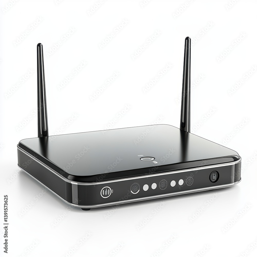Fototapeta premium Black Wireless Router with Antennas on White Background