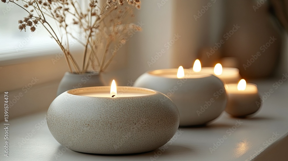 Glowing candles in a tranquil setting, casting warm ambient light against a neutral background for cozy decor Glowing candles in a tranquil setting, casting warm ambient light against a neutral background for cozy decor